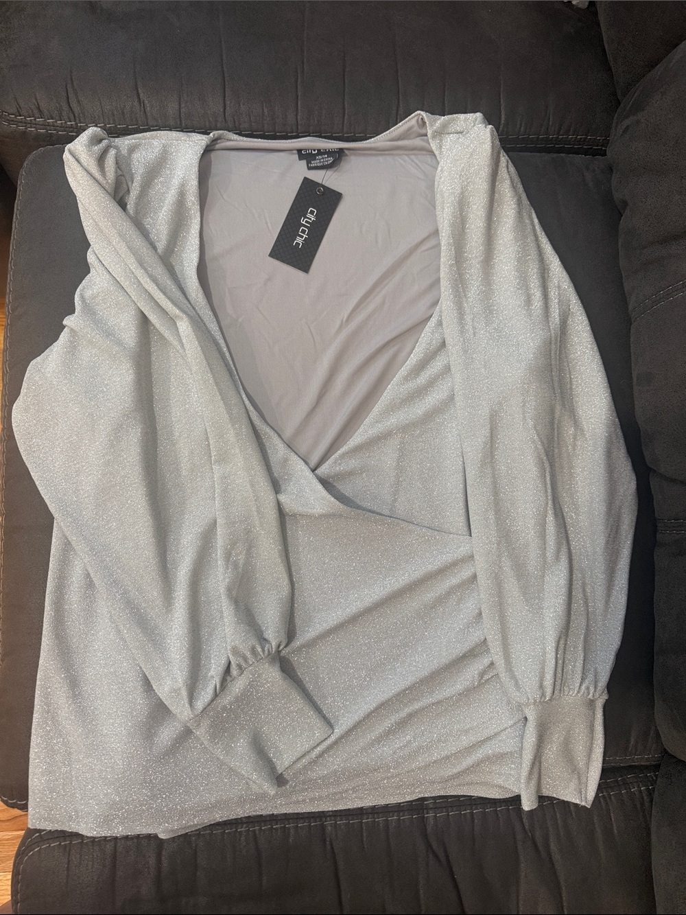 City Chic Silver Glitter Wrap V-Neck Blouson Top